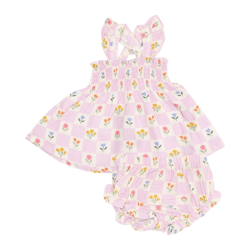 Angel Dear Ruffle Smock Top Dress and Diaper Cover Bloomers Checkered Flowers
